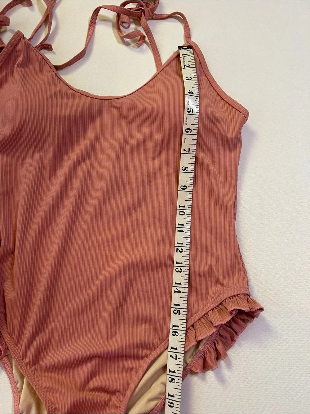 BeachJoy Ribbed One Piece Swimsuit Pink Ruffle Tie Strap Women’s Size L NWT